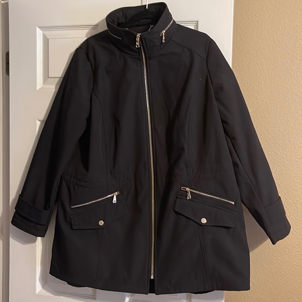 Dennis Basso water resistant v-luxe jacket with hidden hood. 1x nwot